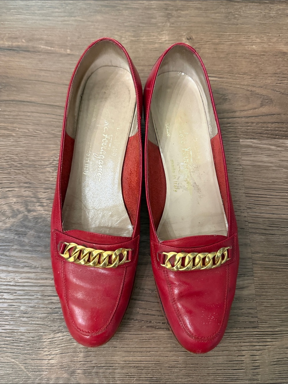 Salvatore Ferragamo Red Leather Loafers with Gold Chain